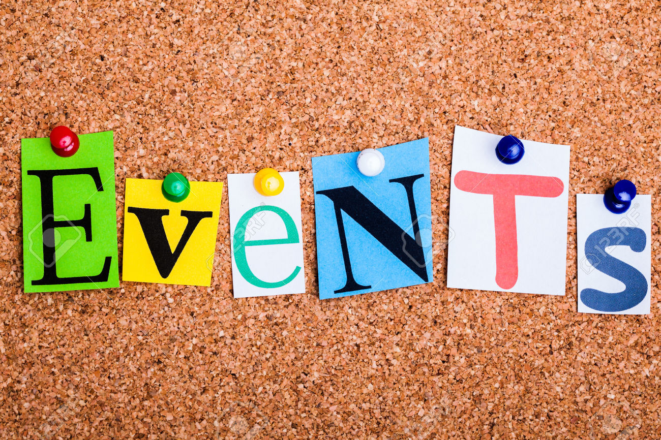 30064098 The word Events in cut out magazine letters pinned to a cork notice board Stock Photo